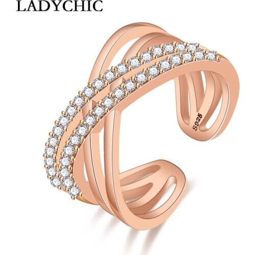 LADYCHIC Hot Sale Cross Ring for Women Wedding Engagement Fashion 2 Layers Cubic Zircon Rose Gold Open Rings Dropshipping LR1213