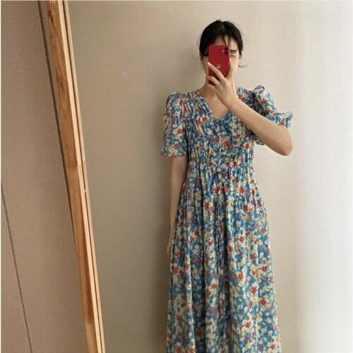 Fashion Print summer woman dress V Neck High Waist Korean style holiday dresses women puff Sleeves A-Line vestidos 2021