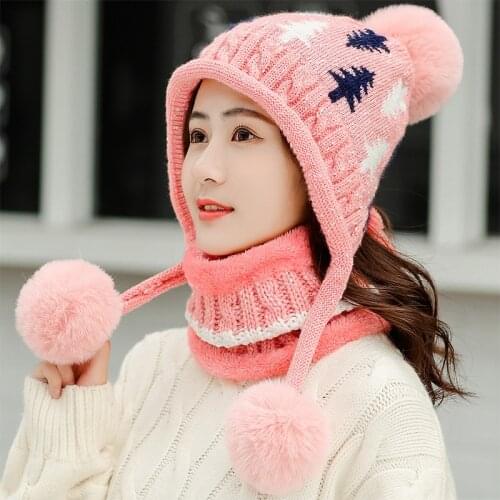 Winter Hat Scarf 2 Pieces Set Pompom Print Cap Scarves Thickened Beanie Scarf Sets