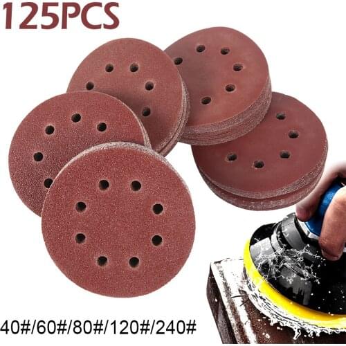 125pcs Round Shape Sanding Discs Buffing Sheet Sandpaper 8 Hole Sander Polishing Pad Abrasive Tools 125mm 40 60 80 120 240 Grit