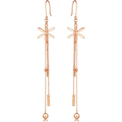 18K Rose Gold Dangle Earrings AU750 Rose Gold Flower Tassels Dangle Earrings