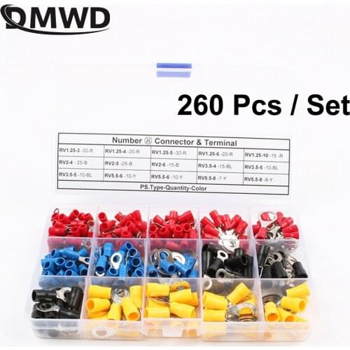 260Pcs/Set RV1.25 RV2 RV3.5 RV5.5 Ring insulated terminal Cable Wire Connector cable Crimp Terminal RV Set