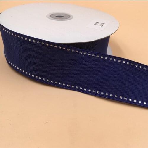 38MM 25yards Wired Edge Blue Grosgrain Ribbon With Stitched Silver Edge for Festival Christmas Decoration New Year Gift Wrapping
