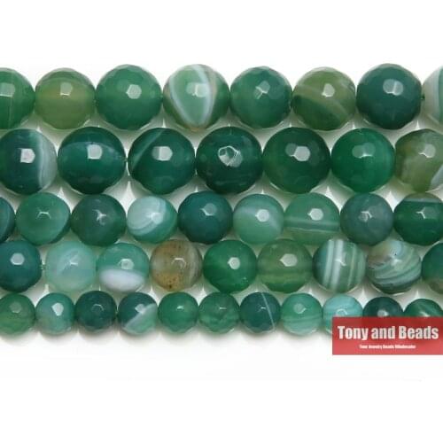 15" Strand Natural Stone Faceted Green Stripe Agates Round Beads 4 6 8 10 12MM Pick Size For Jewelry Making