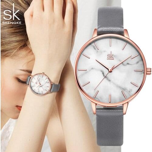 Ins Fashion Elegant Women Watches Rose Gold Simple Casual Elegant Ladies Watch Unique Design Marbling Grey Leather Gift Clock