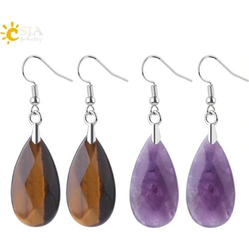 CSJA Natural Stone Water Drop Earrings Multi-faceted Beads Pendants Earring Crystal Quartz Healing Stones for Women Jewelry F867