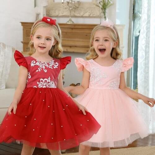 Baby Girls Red Lace Flower Dresses For Toddler Kids Elegant Wedding Party Prom Gown Children Christmas Birthday Baptism Clothes