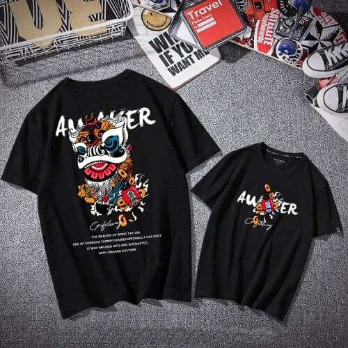 2021 Harajuku Cute Cartoon Lion Dance Print t-Shirt Chinese Style Oversized Loose Clothes Hip Hop Casual Cotton Men Streetwear