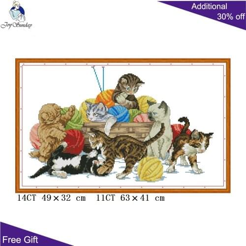 Joy Sunday Cat And Ball Of Yarn D762 Counted and Stamped Home Decor Animal Needlework Needlepoint Embroidery Cross Stitch kits