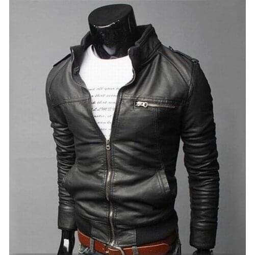 2021 New Motorcycle PU Leather Jacket Men Coat High Quality With Zipper Men‘s Stand Collar Jacket For Motorcycle