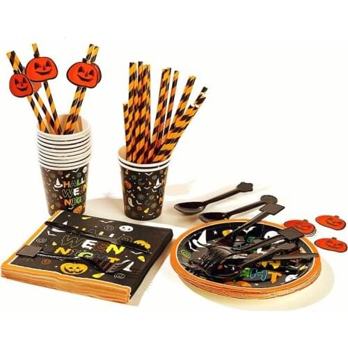 Halloween Party Decorations Tableware Set Tablecloth Banner Decoration Paper Cups Paper Plates Party Decorations