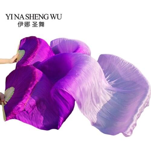 New Natural Silk Dance Fans 1 Pair Belly Dancing Fans Handmade Bamboo Ribs Dance Props Fans Purple+Light purple Colors 180*90cm