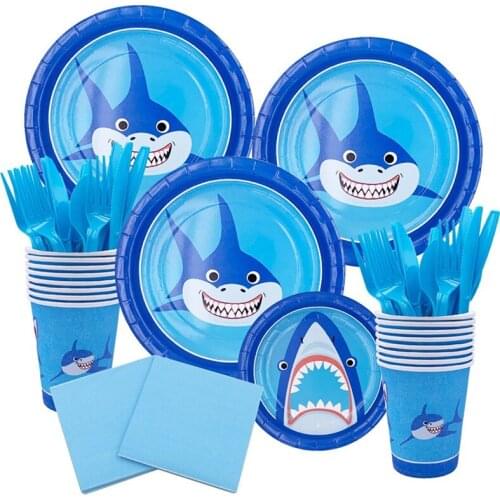 OEING Baby Shower Boy Shark Birthday Party Supplies Baby Shower Shark Disposable Plates/Cups/Paper Tablecloth Supplies Decor