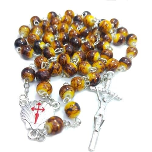 QIGO Religious Cross Rosary Necklace For Men Long Glass Beads Necklace