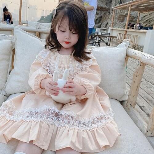 Girls Autumn Casual Dress Fashion Style Lantern Sleeve Cute Lace Collar Children Princess Dress Kids Party Clothing 2-6Y