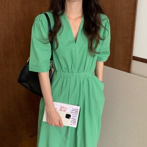 Womens Spring Summer Korea Fashion Designer V Neck Brief Cotton Long Dress Female Chic Casual Loose Dress TB780