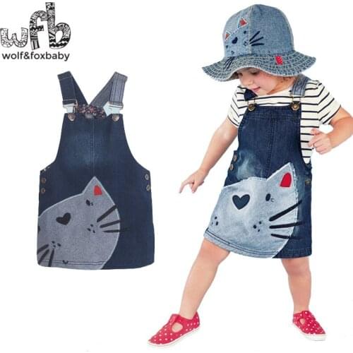 Retail 2-8 years dress sleeveless Ethnic style cartoon cat denim strap dress kids children spring summer autumn fall