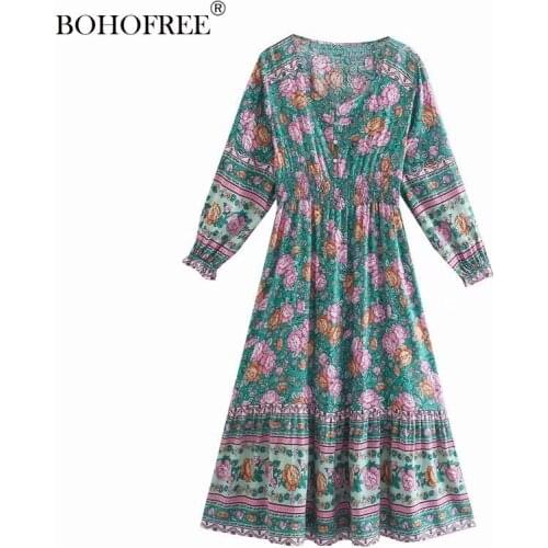 Vintage Boho Rayon Cotton Maxi HIppie Vestidos Casual Dresses Bohemian Women V Neck Short Sleeve Autumn Dress Ethic Vestidos