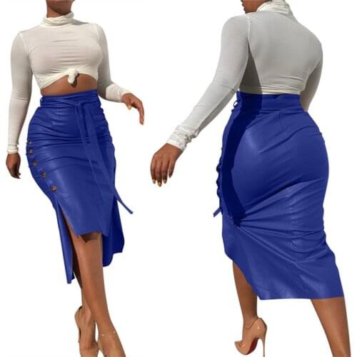 Women Knee Length High Waist Plus Size Spilt PU Leather Skirt Open Side Lace Up Zipper Bandage Bodycon Faux Leather Skirt Ladies