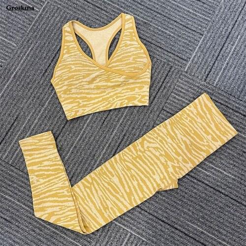 High Waist Leggings+Sexy Bra Women Yoga Two Piece Set Fitness Gym Zebra-Stripe Suits Running Sportswear Seamless Clothes