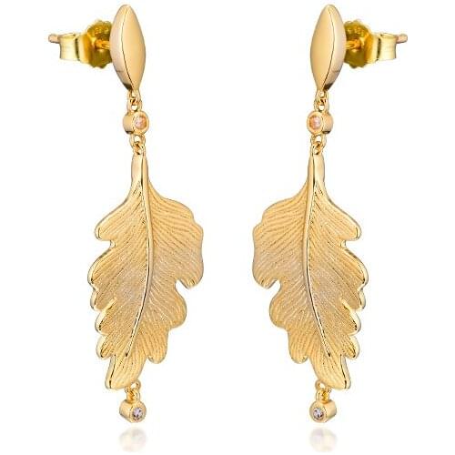 Oak Leaf Dangle Earrings for Women Fine 925 Sterling Silver Earrings Clear CZ Jewelry Golden Shine Drop Earrings Female Jewelry