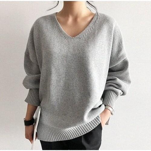 Korean Fashion Oversize Sweater Women Black V Neck Autumn Winter Knitted Blouses Sweaters Loose Soft Knit Jumper Female Pullover