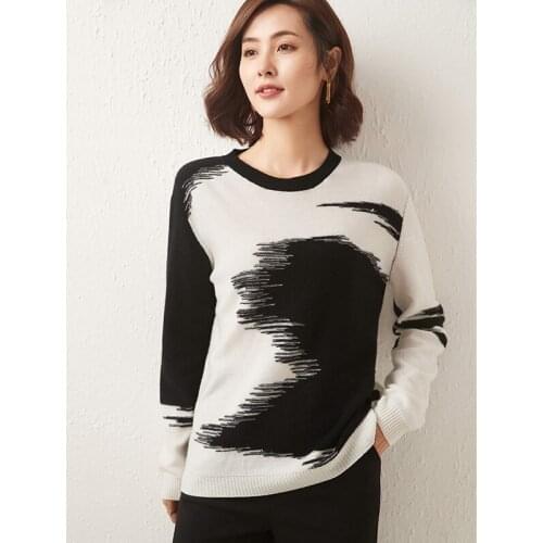 Sweater Women 100% Wool Spliced Knitted O Neck Long Sleeves 4 Colors Solid High Quality Pullover Casual Style New Fashion