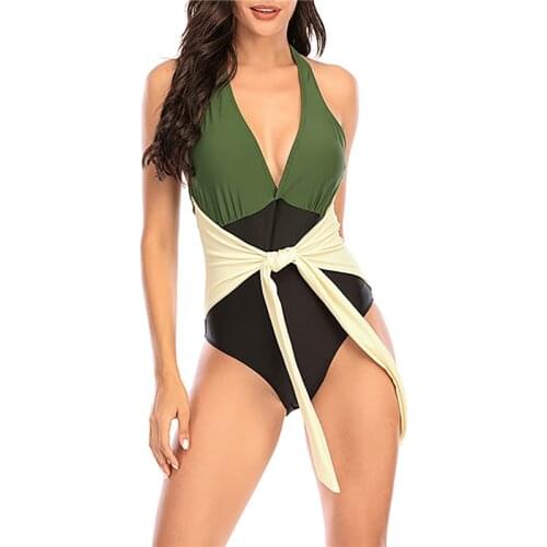 Womens Bikini 2021 Summer Ladies One-piece Swimsuit Sleeveless Deep V-neck Backless Lace-up Halter Swimwear Beachwear Biquini