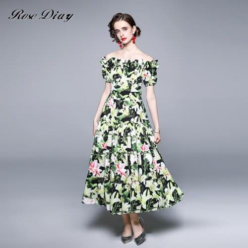 2021 Summer Designer New Vacation Dress Womens Ruched Fashion Green Lily Flower Print A-Line Midi Party Dress Robe Chic
