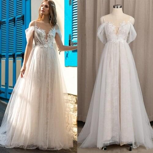 4247 # Fairy Appliques Wedding Dress O-Neck Lace Short Sleeve Illusion Back A-Line Ruched Tulle Vestido De Novia Bridal