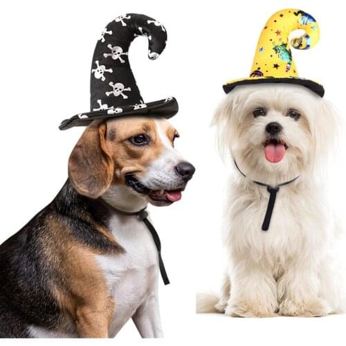 2019 Unique Halloween Witch Hat For Dog Yellow Dog Halloween Hats And Caps Black Skull Bone Dog Christmas Hat Pet Product