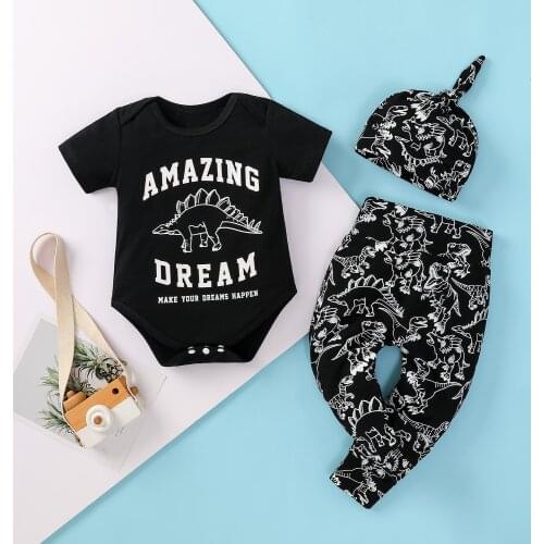 2021-03-12 Lioraitiin 3Pcs Set 0-18M Infant Baby Boy Hat Romper Pant Outfit Short Sleeve Black Letter Printed Top Animal Pants