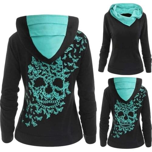 40# Womens Butterfly Skull Print Hoodie Tops Sexy Gothic Clothes Streetwear Harajuku Hoodie Korean Style Women Hoodies Moletom