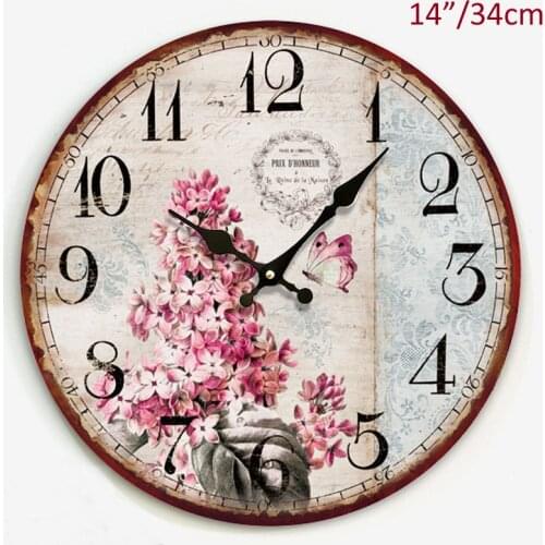 Antique France Provence Accents Branch Flower with Butterfly Design 14 Inches Round Home Decor MDF Wall Clock
