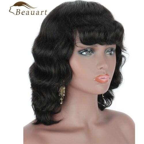 Beauart 100% Remy Human Hair Wig With Hair Bangs 130% Density Body Wave Wigs For Women 12 inch Short Black Curly Hair Wigs