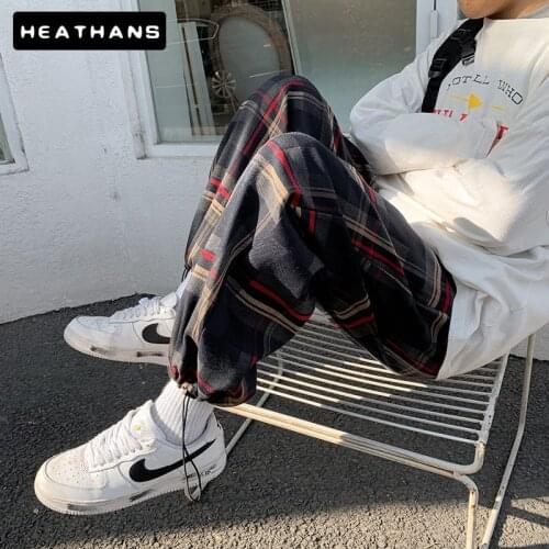 Hip Hop Fashion Plaid Pants Mens Korean Couple Casual Straight Trousers Joggers Men Clothing Streetwear Male Ankle Length Pants