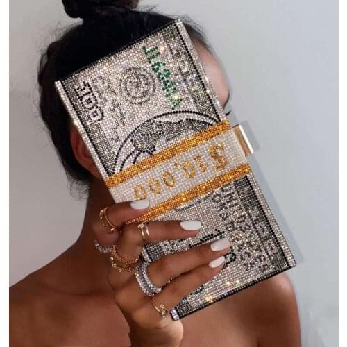 Dollar Designer Diamond Box Handbags Women Rhinestone Money Clutch Purse Evening Bag Rhinestone Full Diamond Dollar Shoulder Bag
