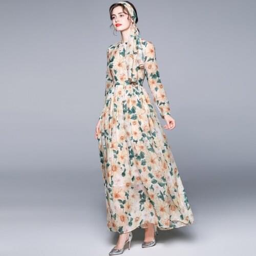 JSXDHK 2021 New Runway Holiday Maxi Dresses Elegant Women O Neck Chiffon Floral Printed Yellow Silk Carf Boho Long Dress Vestido