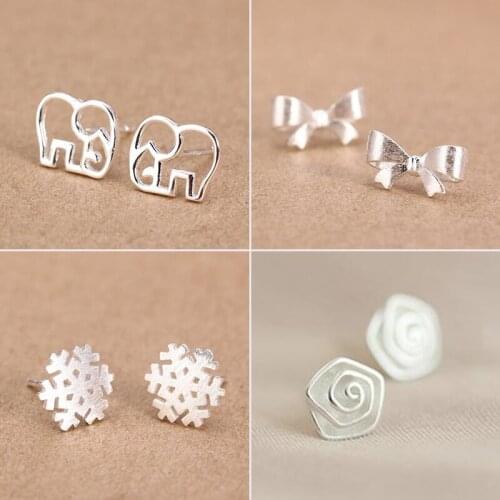 Cartoon Hollow Small Elephant Stud Earrings Geometric Bowknot Snowflake Rose Flower Earings Fashion Jewelry Valentines Day Gift