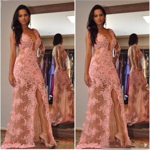 Muslim Mermaid Lace applique Beaded Evening Dresses V-neck Tulle 2021Dubai Saudi Arabic Long Open fork prom dress فساتين السهرة