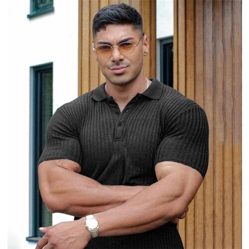 Mens Knitted Short Sleeve Polo Shirt Fitness Slim Fit Black Strips Polo T-shirt Male Brand Fashion Tees Tops Summer Gym Clothing
