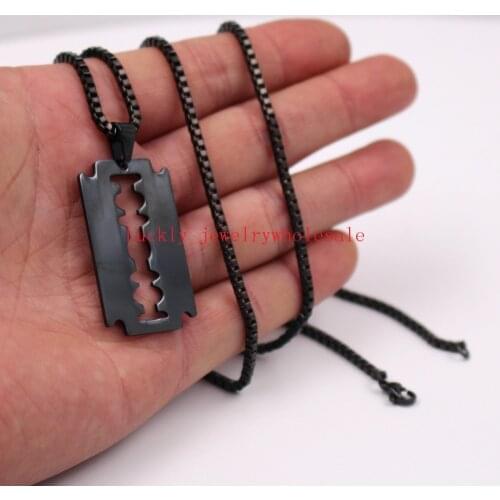 Plated Black Mens Punk Hip-Hop Stainless Steel Razor Blade Dog Tag Necklace Pendant with 24'' Box Chain Barber Jewelry