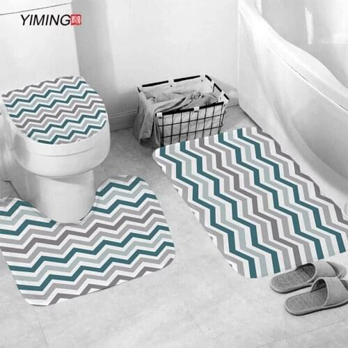 YIMING Simple geometric stripe printing bathroom non-slip mat set 3pcs toilet mat bathroom decorative carpet