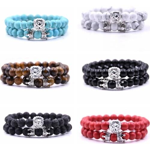 Natural Semi Precious Stone Beads Lion Head Crown Bracelets for Women 2pcs tiger eye howlite black onyx lava stone etc