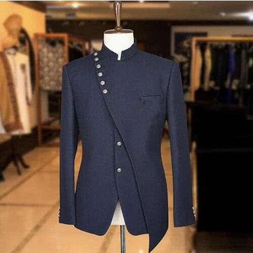 Inregular Design Navy Blue Men Suits Wedding Grooms Tuxedos 2 Pieces Formal Blazer Two Buttons Prom Suit (Jacket+Pants)