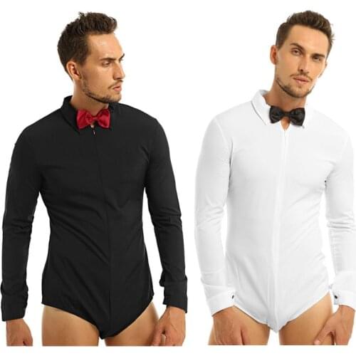 New Mens Long Sleeve Zipper Solid Color Latin Modern Dance Shirt with Bowtie Male One-piece Romper Performance Shirt Dancewear