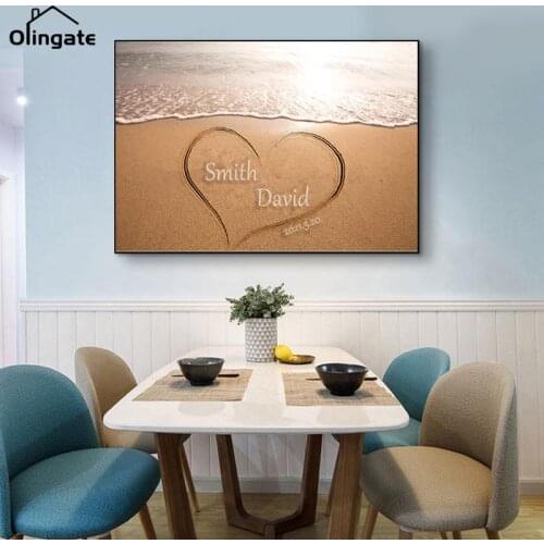 Personalized Beach Couples Names & Anniversary Custom Name Canvas Painting for Home Living Room Decor Wall Art Wedding Gift