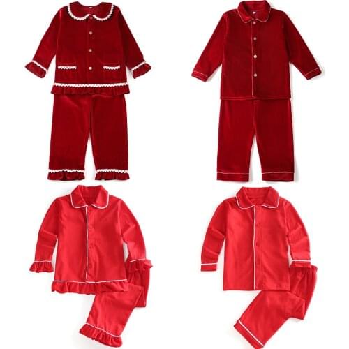 Wholesale cotton Toddler Boys and Girls pajamas Family Matching Children Christmas solid color Ruffle kids PJS