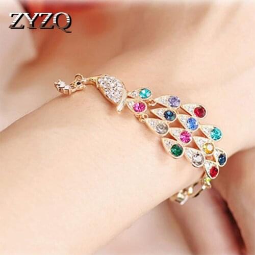 ZYZQ Luxury Women Bracelets With Colorful Shiny Stone Setting Lovely Animal Peacock Shaped Wrist Accessories Jewelry Bracelets