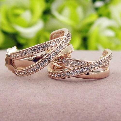 Original Rose Entwined Circles Hanging Earring With Crystal For Women 925 Sterling Silver Earring Wedding Gift Pandora Jewelry